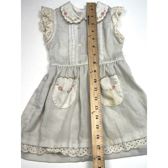 VTG 1950s GERANIO 24mos? Ivory Linen Embroidered SUNDRESS Cottagecore *Needs TLC - Picture 10 of 13